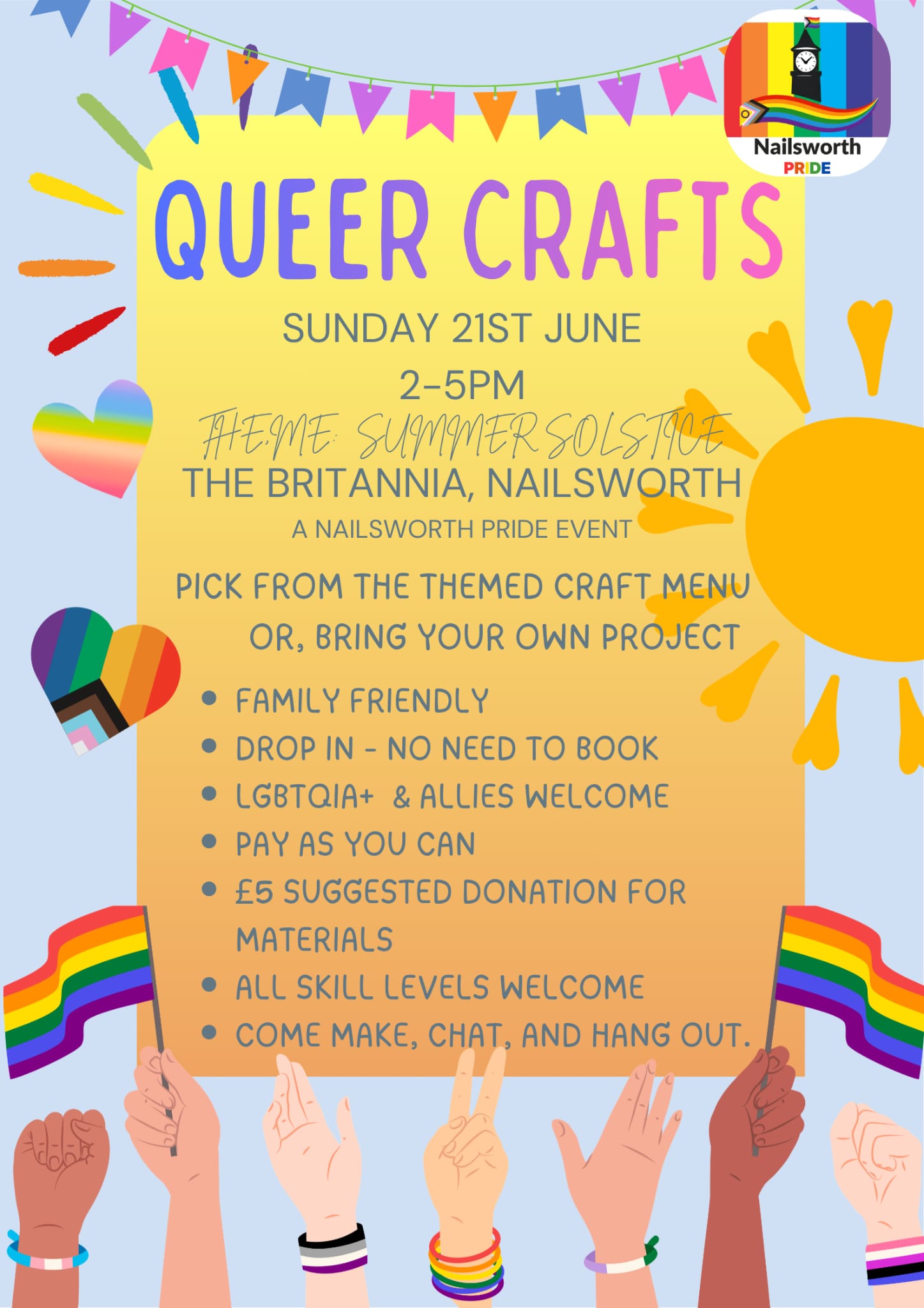 Pick from the themed craft menu or pick your own project. Family-friendly, LGBTQ+ allies welcome, drop-in: no need to book.