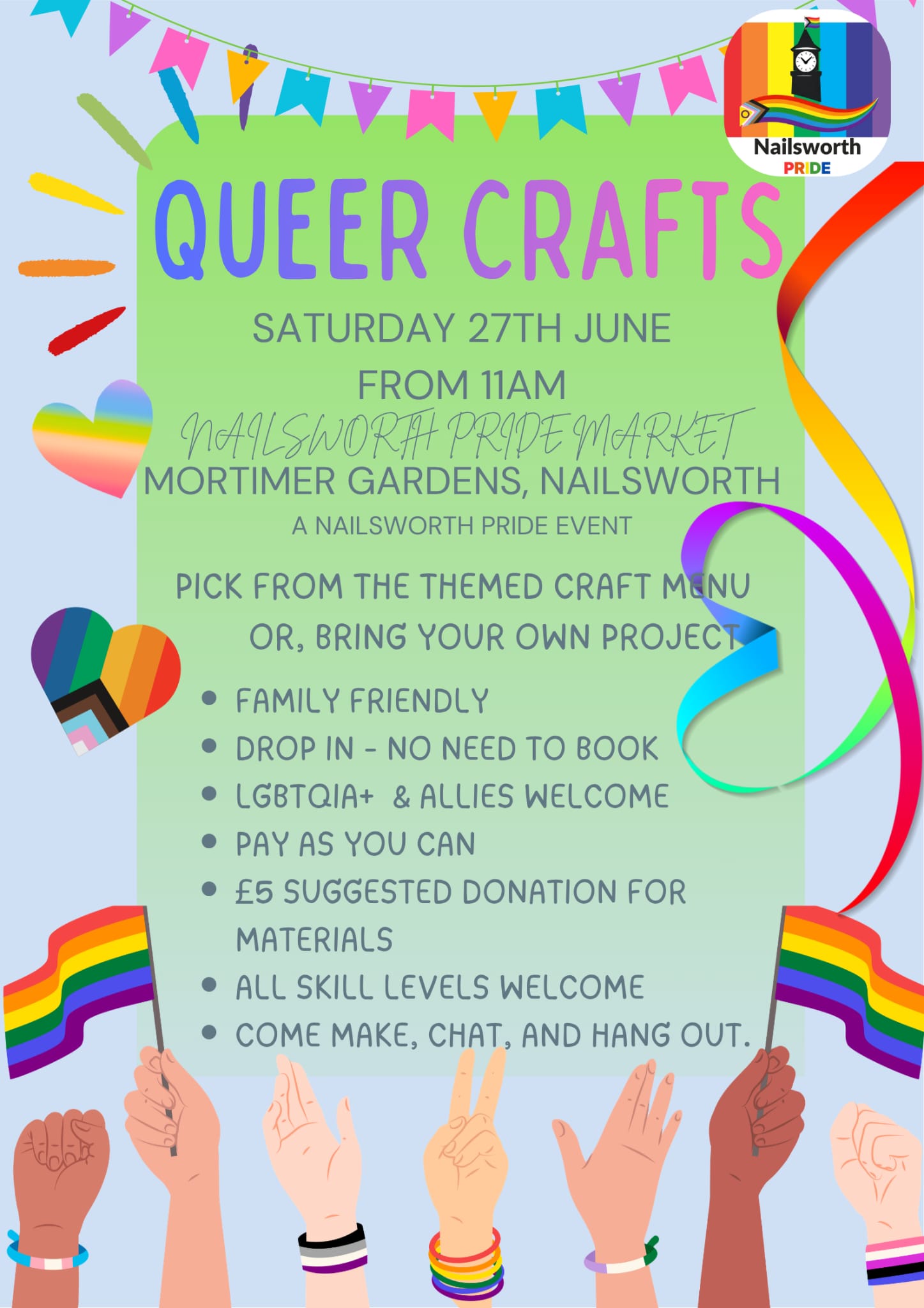 Pick from the themed craft menu or pick your own project. Family-friendly, drop-in, LGBTQ+ allies welcome, no need to book.